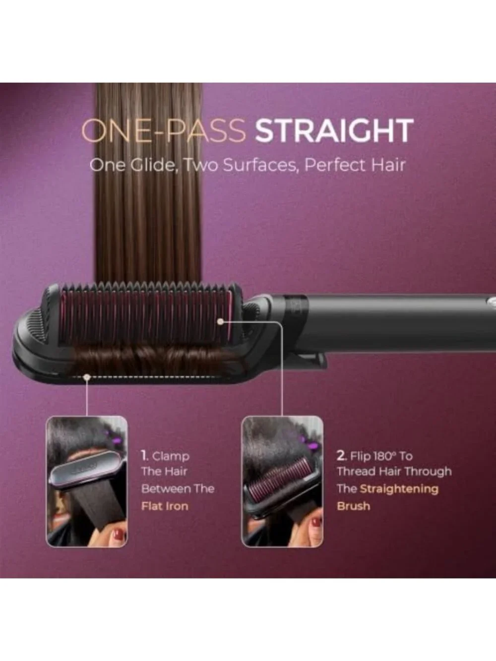 2-in-1 Hair Straightener Brush & Hot Comb, Ceramic, 200M Ions, Fast Styling Tool